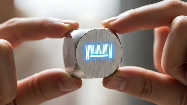 Hands holding a metallic cylinder with a glowing blue barcode, embodying digital identification and data management for modern business and technological progress