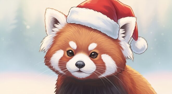 Red panda wearing a red Santa hat in a snowy winter landscape. Cute animal portrait for Christmas and holiday greeting card design.