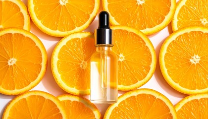 Transparent dropper bottle on orange slice background symbolizing skincare freshness, citrus vitality, and product clarity