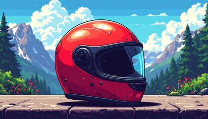 Red Motorcycle Helmet Against Scenic Mountain Background.