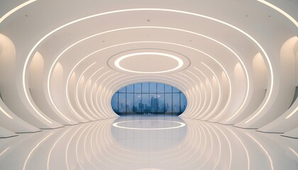 Naklejka premium Futuristic White Tunnel Interior with Circular Light Design