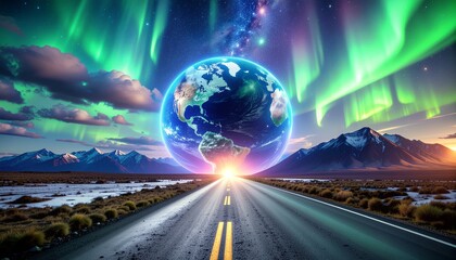 Conceptual vision of a global journey, with a luminous Earth guiding the way down a road beneath a cosmic aurora sky