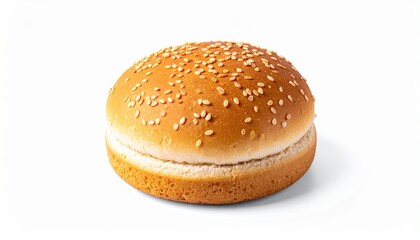 Golden sesame hamburger bun on white background showcasing baking texture, culinary clarity, and food styling potential