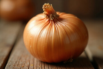 Single Fresh Yellow Onion on Rustic Wooden Table Close-up