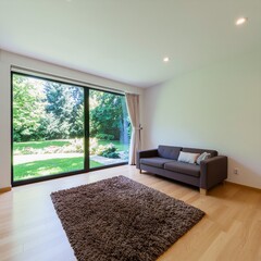 Minimalist living room interior with a comfortable grey sofa, a large window overlooking a serene green garden, and light hardwood floors
