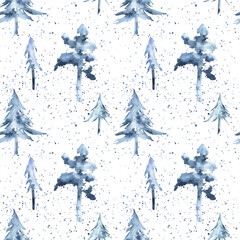 Watercolor winter pattern of the snowy pine and fir trees in snowfall. For wrapping paper, fabric, wallpapers, and more