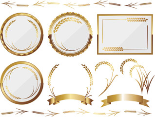 高級感のある稲のフレームと装飾セット　ホワイト＆ゴールド