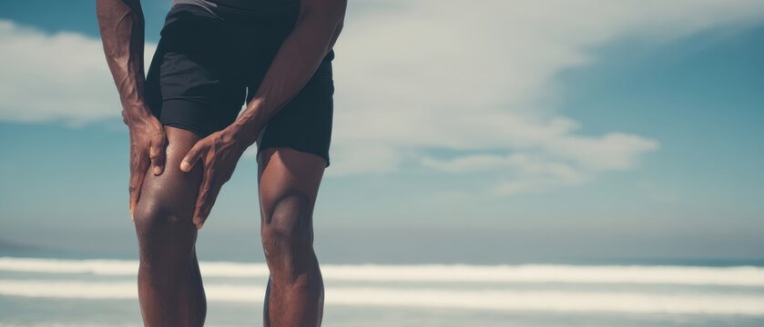 The athlete grasping his knee on a sunny beach after a running injury - Powered by Adobe