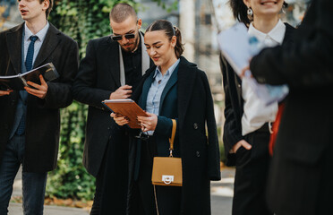 A group of business colleagues gathers outdoors, examining a tablet and notes while sharing ideas. The scene conveys collaboration, modern work style, and casual city life in the afternoon.