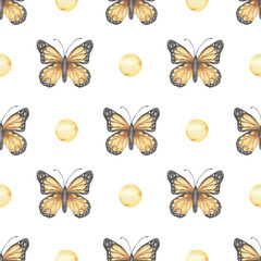 Watercolor Monarch butterfly seamless pattern, insect repeat paper, wild life print