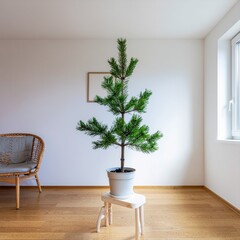 Minimalist Christmas decoration concept with a small, natural pine tree in a pot on a stool, set in a bright, modern room with wooden floors
