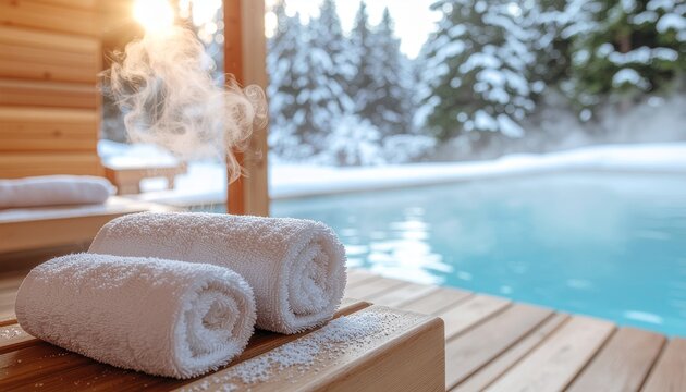 Relaxing winter spa day with fresh towels by a steaming outdoor hot pool surrounded by a snowy forest at sunset