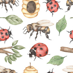 Watercolor  bee and ladybug seamless pattern, insect repeat paper, wild life print