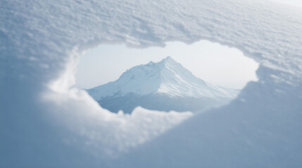 Wallpaper, poster, banner-ready winter nature landscape: heart-shaped hole in snow revealing snow-capped mountain, soft tones, serene scenery for calm decor and design.
