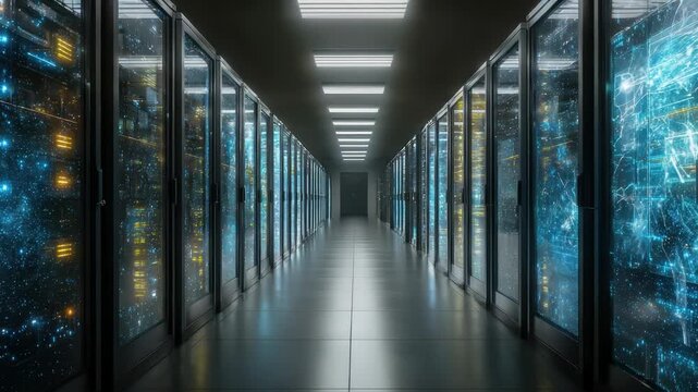 Shot of Corridor in Working Data Center Full of Rack Servers and Supercomputers with Internet connection Visualization Projection, technology, digital, futuristic, future,