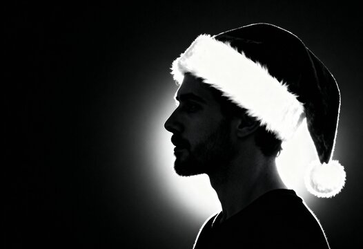 Silhouette of young man in Santa hat against bright backlight, black and white minimalist Christmas portrait with copy space for festive design or winter holiday concept.
