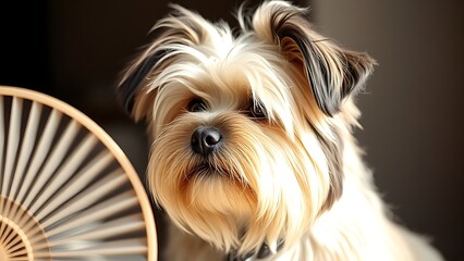 Tibetan terrier with fluffy coat, portrait with natural side lighting.