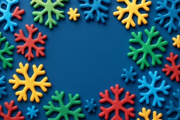 Colorful snowflake decorations arranged around blank center on blue background for festive winter mockup, banner, or holiday template design. Ai generative
