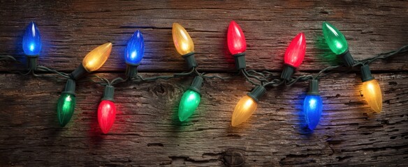 The Christmas string lights glowing on rustic wooden background for festive holiday ambiance