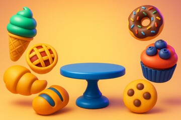 Colorful dessert mockup with floating sweets and empty blue cake stand on vibrant orange background for design and promotion concepts. Ai generative