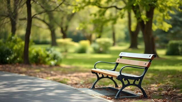 A serene park bench sits empty amidst lush greenery under natural daylight.