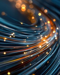 Close-up of glowing, colorful light trails representing fiber optics technology.
