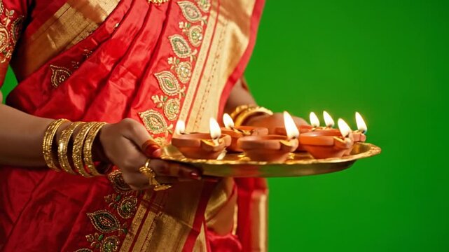 Woman in Red Saree Holding Lit Clay Oil Lamps on Tray Isolated Against Green Screen Background Demonstrating Festive Tradition and Spiritual Celebration