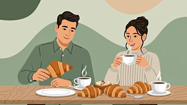 Couple Enjoying Breakfast with Coffee and Croissants in Animated Scene