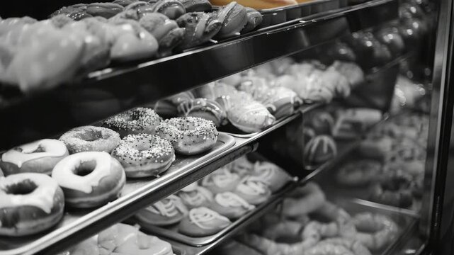 Colorful display of donuts on shelves, each row featuring different types and flavors.