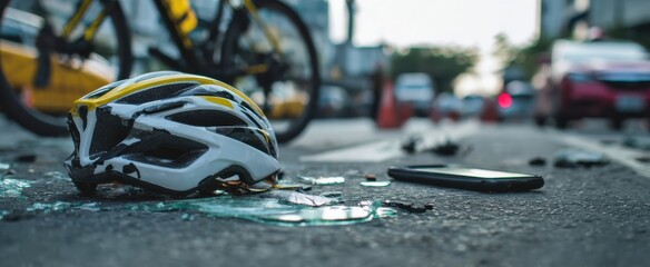 The helmet lying in shattered glass after a bicycle accident on a busy street