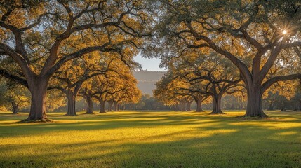 Fototapeta premium Golden hour sunlight illuminates a grassy field lined with majestic oak trees.