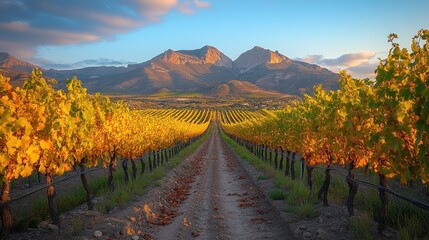 Autumn vineyard landscape with mountains at sunset.