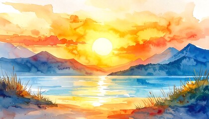 Watercolor landscape of a serene lake reflecting the golden sun during a vibrant orange and blue sunset