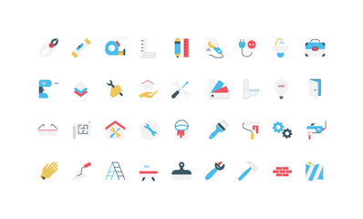 Home repair and improvement service, builders and tools, instruments, construction project color icon set. Engineer and worker handyman toolbox, house renovation equipment flat vector illustration