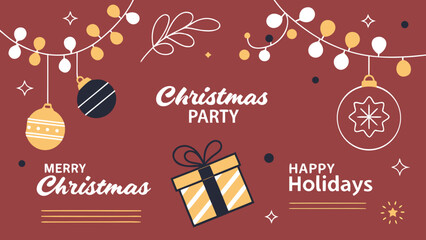 Merry christmas party glass ball and gift box for flyer brochure design on red background invitation theme concept. A festive red Christmas vector poster with a glowing bokeh template. Happy holiday 