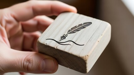 A close-up shot of a hand holding a wooden block engraved with a classic quill pen and ink, symbolizing writing, literature, and authorship