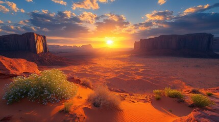 Vibrant sunset over Monument Valley's sandstone buttes and desert landscape.