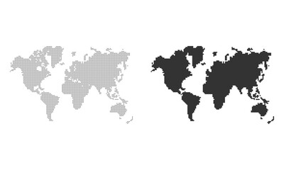 Fototapeta premium World map halftone dots and solid silhouette set, black minimal global map design for infographics, presentations, and graphics