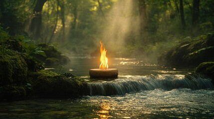 Mystical fire burning on a stone in a forest stream at sunrise.