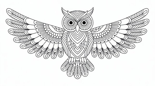 Highly detailed owl mandala for adult coloring. Thin line black and white illustration with decorative feathers and symmetrical ornaments. Anti-stress coloring page for relaxation, mindfulness and cre