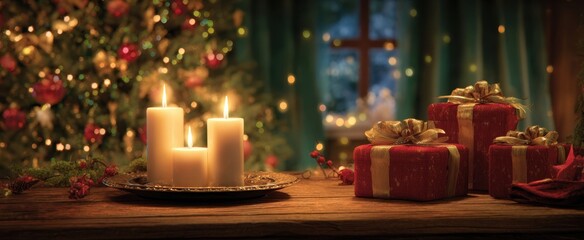 The Christmas centerpiece with glowing candles and wrapped gifts on rustic wooden table