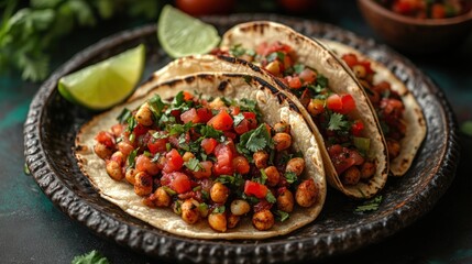 Three delicious chickpea tacos on dark plate with lime wedges and salsa.