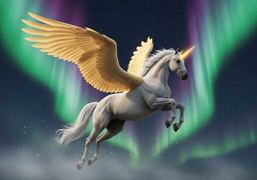Winged Unicorn Flying under Northern Lights Aurora. Generative Ai