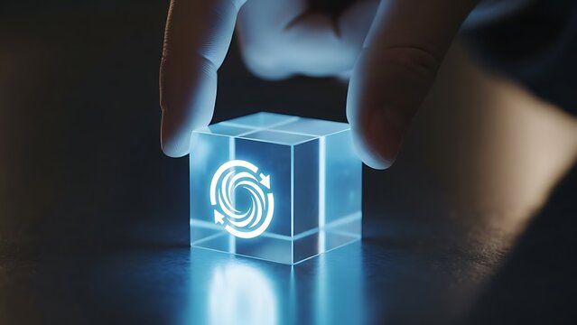 A person's hand carefully holds a transparent, glowing cube that illuminates a swirling circular icon, symbolizing future technology and innovation - Powered by Adobe