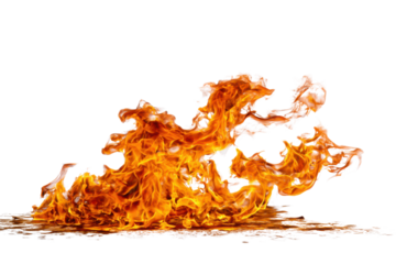 Bright orange and yellow fire flames with white wisps on black background burning heat, Isolated On Transparent Background, Png Cut Out