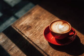 A red coffee cup with a heart on it sits on a wooden table