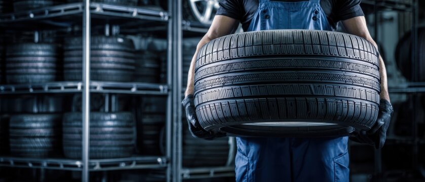 The Tire Technician Holding a Car Tire in a Busy Auto Repair Workshop