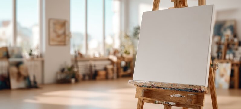 The blank canvas on an easel in a sunlit modern art studio