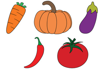 Hand-drawn cartoon set of vegetables on a white background. Carrot, pumpkin, eggplant, chili pepper, tomato.