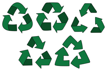 Hand-drawn cartoon set of green recycle symbols on a white background.